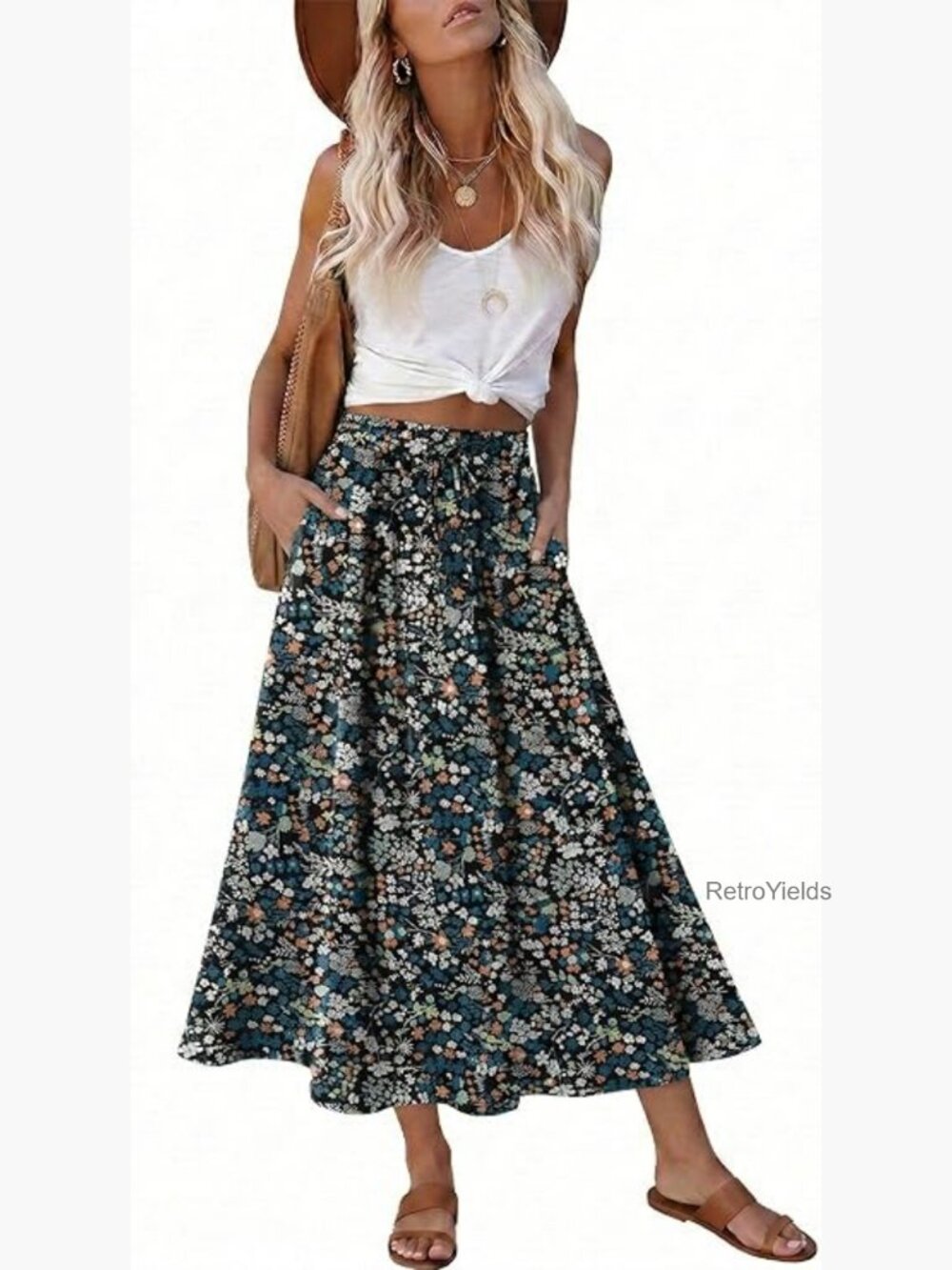 High Waist A-Line Midi Skirt with Pockets Elastic Waist Bohemian Flowy
